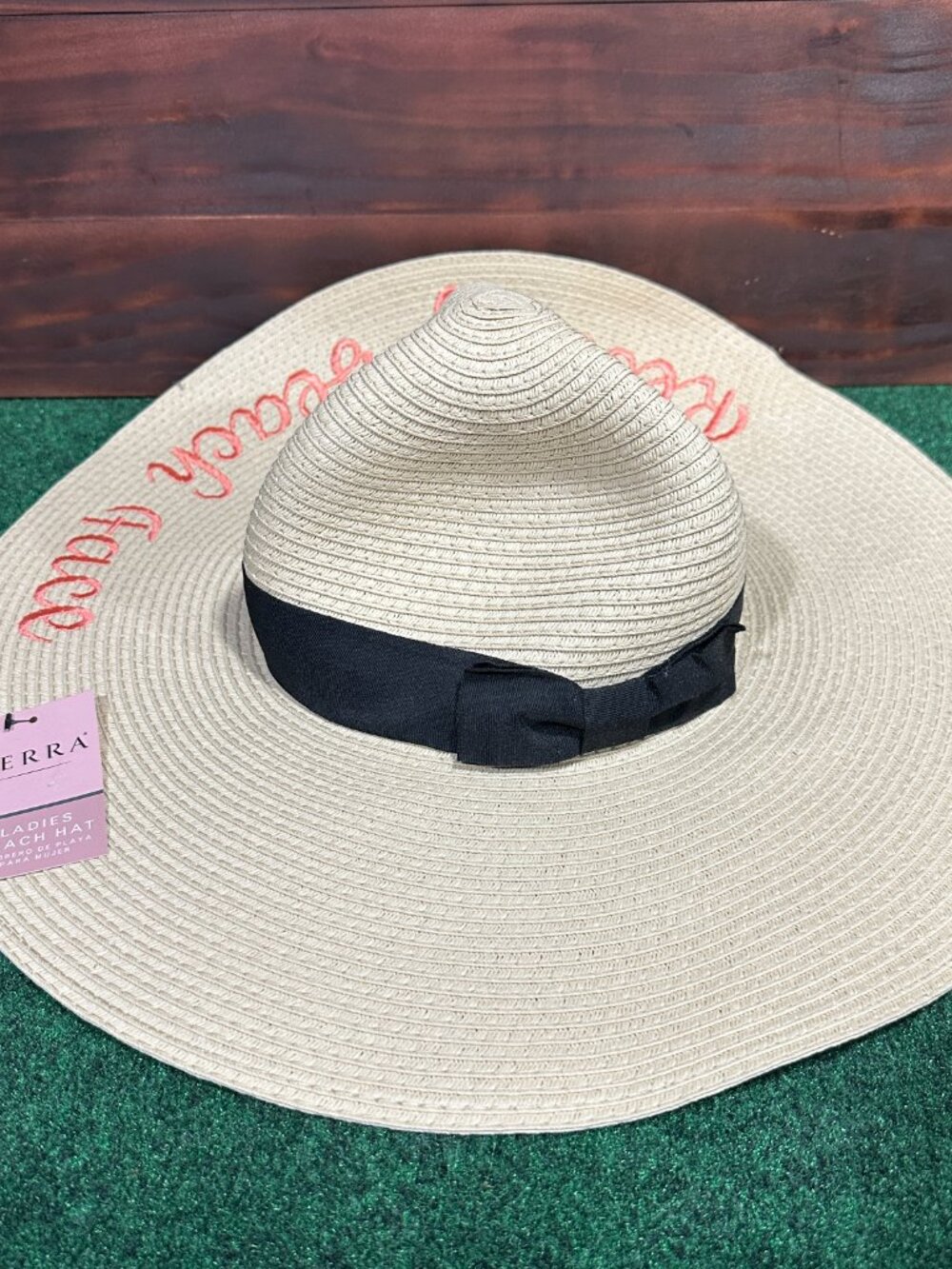 Serra Ladies Beach Hat Resting Beach Face Peach Embroidered Black Ribbon - Picture 3 of 6